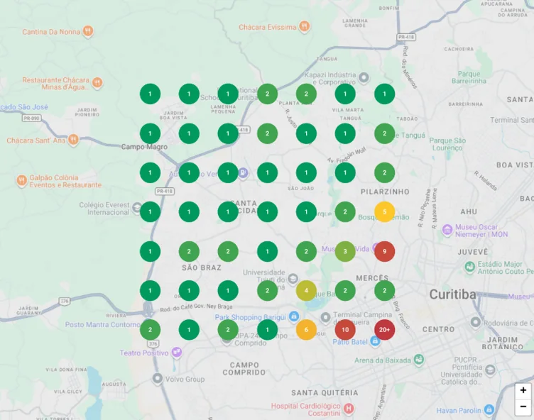 Grid do Google Maps quase todo verde, no topo em Curitiba