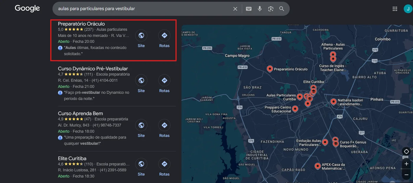 Preparatorio de Curitiba em 1o lugar no Google Maps para aulas de vestibular